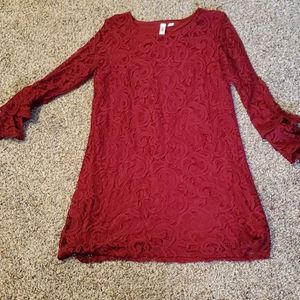 Wine Long Sleeve Lace Dress